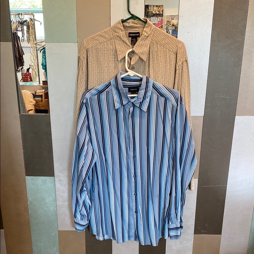 Claiborne Blue Striped and Tan Abstract Casual Button Down Shirts Dress Shirts